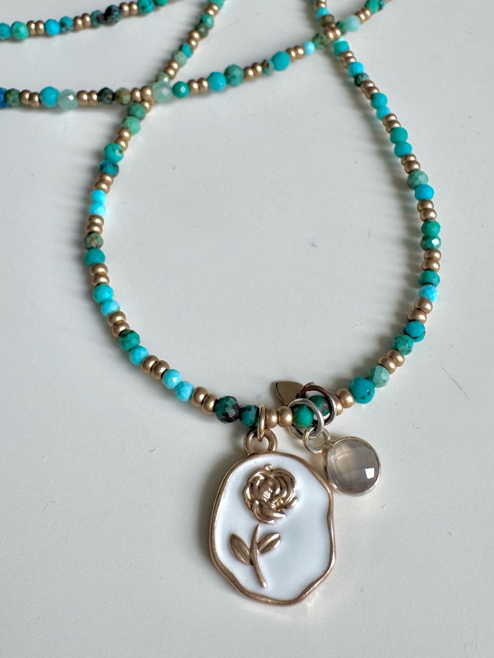 Delicate Matte Gold Tone & Semi Precious Turquoise Beaded Layered Necklace